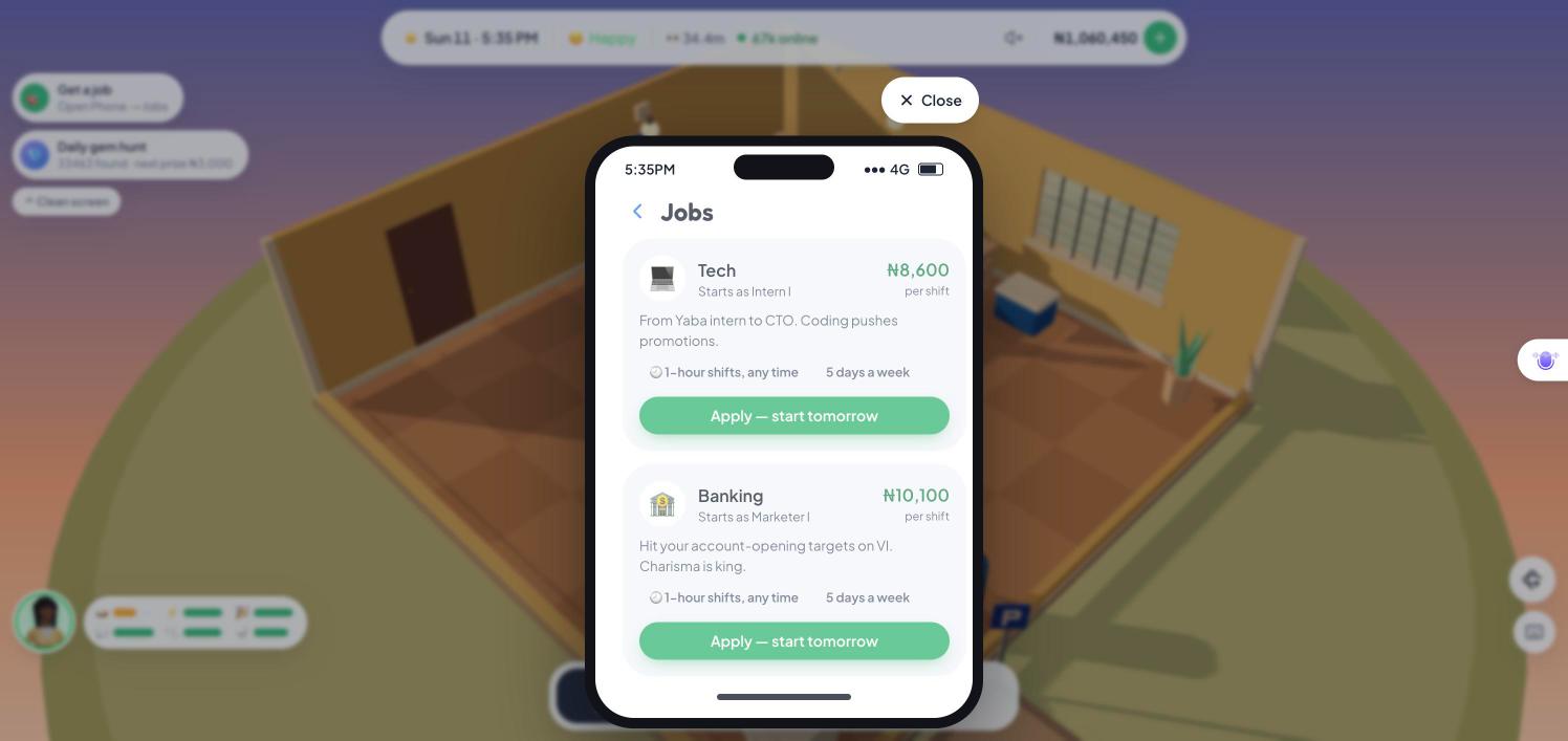 The in-game Jobs app showing Banking at ₦10,100 and Tech at ₦8,600 per shift