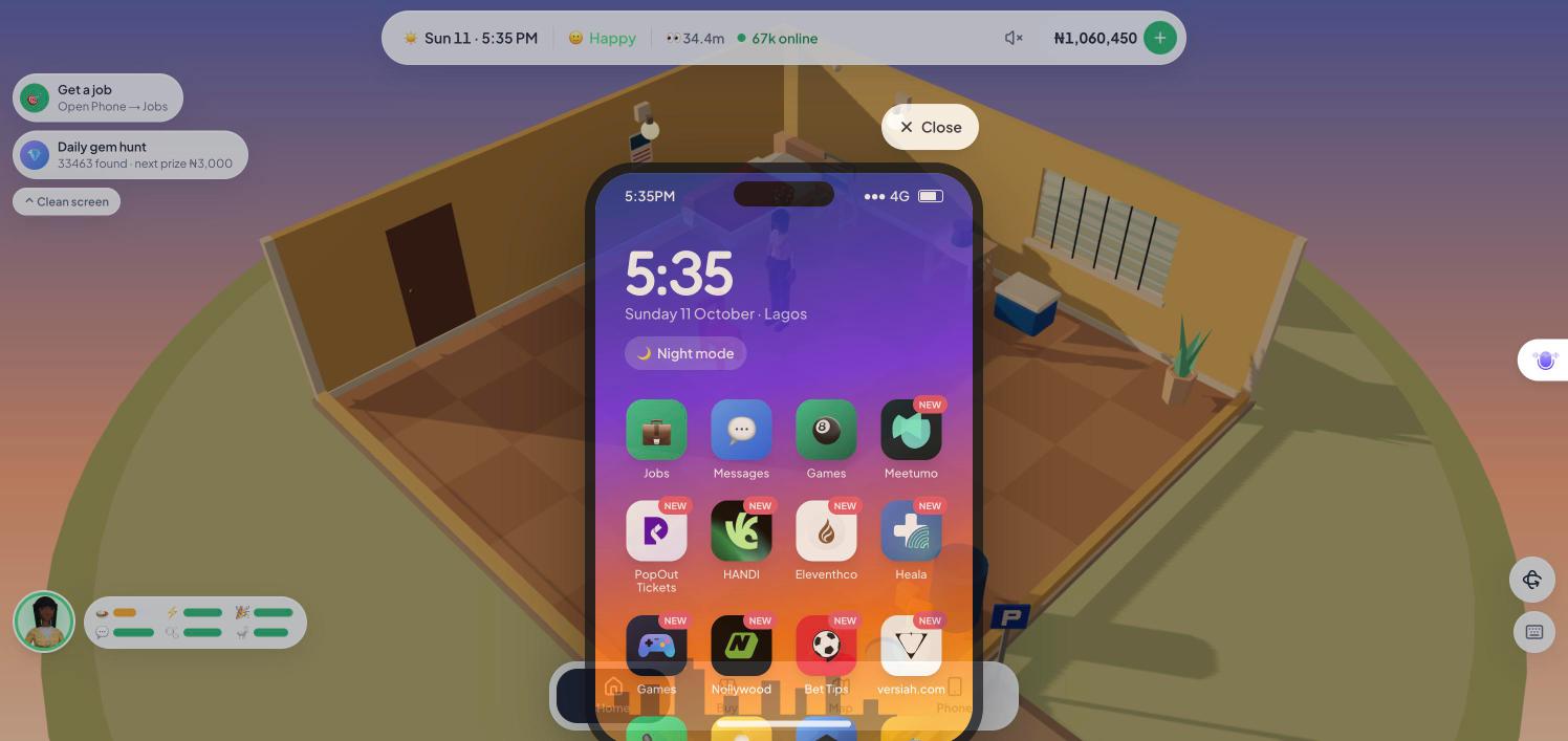 The in-game phone home screen with the Jobs, Messages, Games and other apps